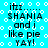 Pixelated text on cyan background with white circles and wavy lines, showing repeated phrases 'itzz... SHANIA and i like pie YAY!' in black block letters.
