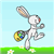 Pixelated rabbit with gray and white fur holds a yellow egg with green and blue spots, standing on green grass with white flowers under a light blue sky.