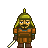 Pixel art of a bearded figure in brown armor holding a sword, wearing a green helmet with yellow accents.