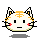 Pixel art cat head with orange stripes, black eyes, red cheeks, and whiskers on gray background.