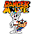 Pixelated character with skeletal face holding a colorful object under a large fiery text banner.