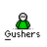 Animated contact sheet of 18 pixel art frames showing a green-shirted character with changing facial expressions and hand positions above the text 'Gushers' on gray background.
