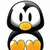 Pixelated penguin with black and white body, yellow beak, and orange feet against a plain background.