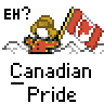 Pixel art contact sheet showing two animated frames of a Canadian-themed buddy icon with a stick figure holding a flag and text elements.
