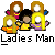 Pixel art icon featuring four stylized figures with white face circles, yellow and orange clothing, pink accents, and a gray background with "Ladies Man" text below.