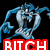 Pixelated blue cartoon character with exaggerated limbs and a wide mouth, standing above red text reading "BITCH" on black background.