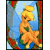 Pixelated static icon of a cartoon character with yellow hair and orange skin wearing green shorts, standing on a blue base against a light blue background with red and green vertical borders.