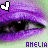 Pixelated close-up of purple eyes with green irises, a white heart icon in top-left corner, and 'AMELIA' text at bottom.