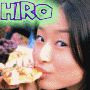 nine identical images showing a person holding a slice of pizza, with 'HIRO' text above in purple and green gradient