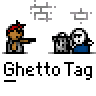 Animated contact sheet of a pixel art character shooting at trash cans with repeated text labels and one frame showing speech bubble text.