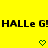 Yellow background with black text reading HALLe G!HALLe G! and two green pixelated heart symbols below.