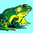 Static pixel art of a green frog with yellow underbelly on light blue background, next to dark green with bright green text