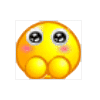 Yellow circular emoji with pink cheeks and two large eyes, shown behind a chain-link fence in multiple states of partial obstruction.