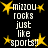Black background with white pixelated text reading "mizzou rocks just like sports!!" surrounded by yellow starburst shapes.