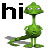 Green pixelated creature with long neck and tail stands beside black 'hi' text on white background.