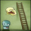 Pixelated cartoon characters: a yellow figure with wide eyes and open mouth, and a blue figure with a heart on its chest, next to a wooden ladder on a green background.