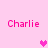 Pixelated pink text 'Charlie' appears in four corners of a light pink background with three pixel hearts at center and right.