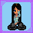 Pixel art icon of a character with long dark hair in a blue outfit, seated with legs crossed, against a light blue background with purple border.