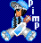 Pixelated character with blue and gray hat, black hair, orange face, light blue shirt, white pants, and blue accents on limbs against dark blue background.