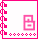 Pixelated pink and white icon with stylized 'B' symbol, bordered by pink heart-shaped patterns and flower-like dots, transitioning from pink dots to purple dots at bottom.