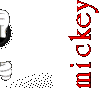 Mickey Mouse head peeking from left with red text 'mickey mickey' vertically aligned on right, gray background with black dot pattern.