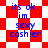Blue text reading 'its ok im sexy cashier' on a red and white checkered background with diamond-shaped pattern variations.