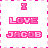 Pixelated pink text animation on white background with alternating frame states showing "I LOVE JACOB" in blocky font.