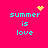 Pixel art with cyan text 'summer is love' on bright pink background, featuring four distinct animated variations of a yellow heart or starburst symbol.