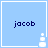 Light blue square icon with dark blue text "jacob" and a white pixelated chess piece in the bottom-right corner.