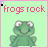 Green frog icon with pink text 'frogs rock' on light green background, showing animation changes in eye expression and mouth position.