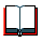 A static pixel art icon of an open book with red and dark blue borders, white pages, and black outlines, displayed on a gray background.