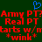 Blue pixelated heart symbol above red text on dark green background, repeating 'Army PT? Real PT starts w/ntarts *wink*'.