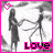 A 48x48 pixel animated buddy icon showing two stick-figure characters holding hands, with a pink heart in the top-left corner and "Love" text at the bottom; the left frame has a bright pink border while the right frame is monochrome.