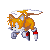 Pixelated orange fox with white muzzle and red shoes, two tails in motion against gray background.
