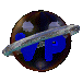 A circular icon with a dark brown background and silver ring, displaying blue text that changes