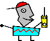 Pixelated character with red cap and gray face holds yellow device emitting white smoke-like particles, standing on blue base with red zigzag line.