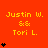 A static image with orange background displaying repeated text "Justin W. && Tori L." and varying black heart icons in a