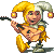 Pixel art of a jester with a split yellow-and-white hat, holding a black guitar, wearing a yellow and green outfit with a large golden boot.