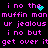 Pixelated text in bright pink on black background with cyan heart and dot animations, repeating phrases about muffin man jealousy.