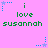 Pixelated text on pink background with blue star and dot animations; 'i love susannah' in green text repeated across frames.