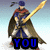 Pixelated character in blue and red armor holding a golden sword, with text overlays changing across frames.