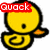 Yellow duckling icon with black outline and orange beak, displaying "Quack" text in red, green, and blue banners across different frames.