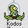 Pixel art contact sheet of eight animated frames showing a green alien mascot in a clear helmet with red chest accents, each labeled "Kodos" below.