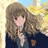 Pixelated anime-style character with long brown hair and dark blue clothing, static pose with hand near chest, yellow text overlay on right side.