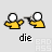 Two yellow-shirted figures with white circular heads face each other; one holds a black object toward the other's head against light gray background.