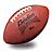 Brown football with white laces and black text on a white background, next to cyan pixelated text on black background.