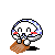 Pixel art character with white face, blue outline, red cheeks, and brown mittens holding a baseball glove in various poses.