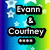 Pixelated icon with blue-to-green gradient background, white star shapes, and black text reading 'Evonn & Courtney' over a row of five gray squares.