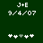 Green background with white pixelated text 'J+E' and '9/4/07', two of five plus signs where the third sign changes from gray to white between frames