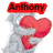 A gray cartoon figure holds a red heart, with text changing across frames: 'Anthony' at top left, 'i love' on right, and 'YOU' below.